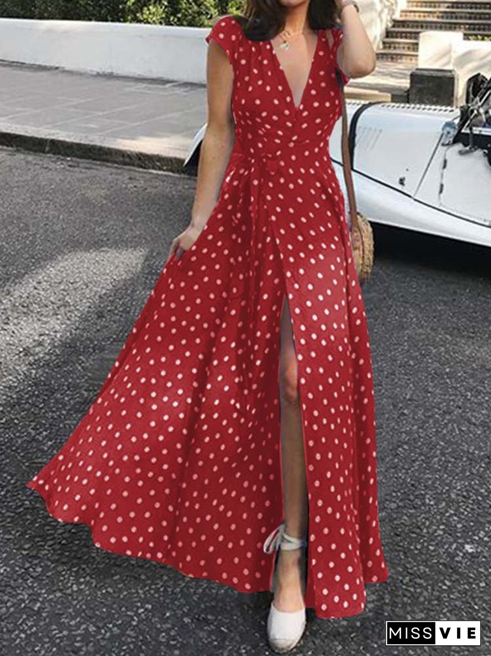 Summer Maxi Dress Women Sexy Split Polka Dot Short Sleeve Long Sundress Celmia Bohemian Belted V-Neck Party Beach Vestidos