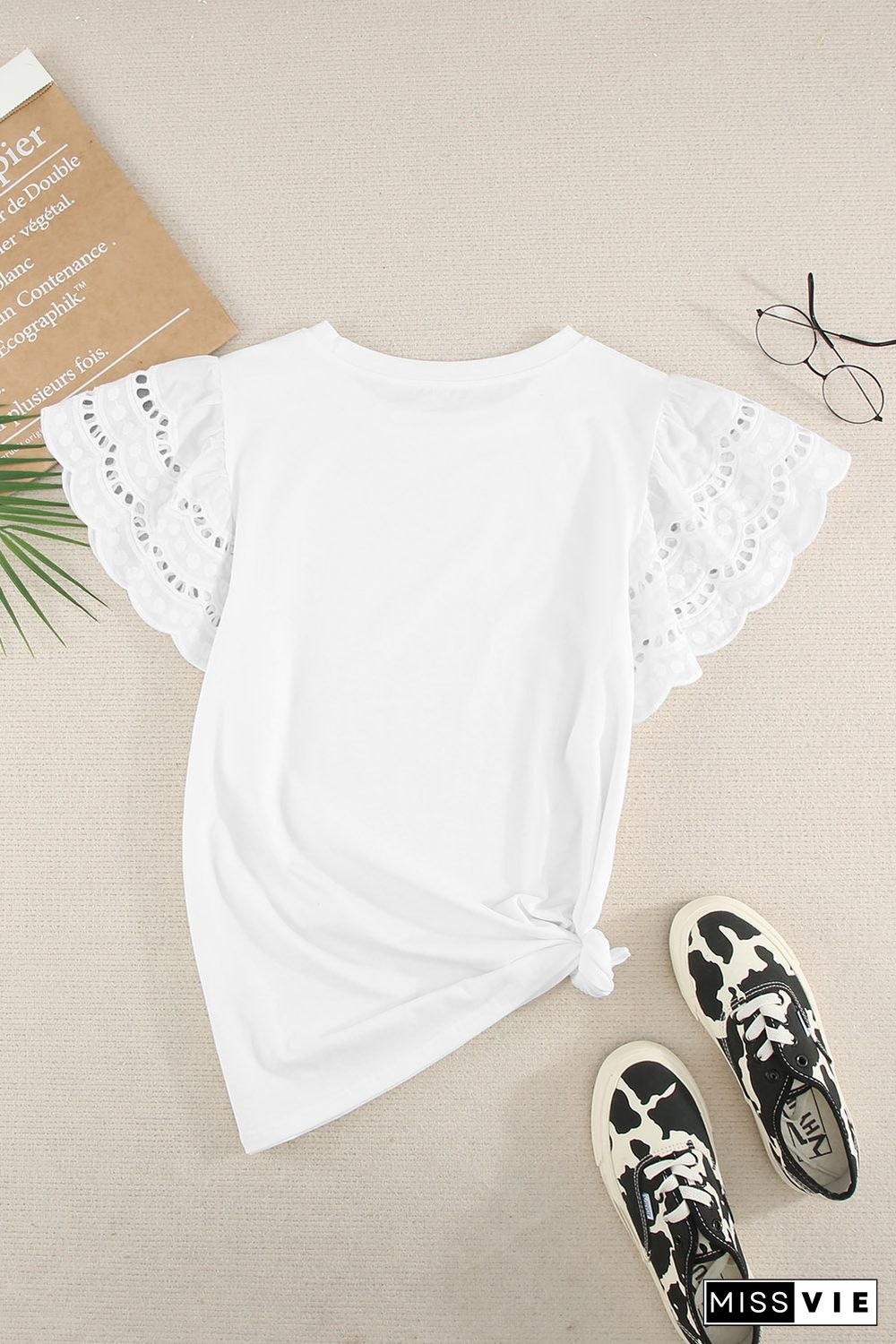 White Hollow Out Ruffle Sleeve T-shirt