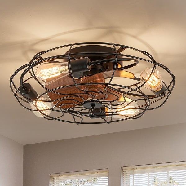 20 in. Low Profile Flush Mount Ceiling Fan Lights Wood Grain Modern Farmhouse Caged Ceiling Fan with Light for Bedroom Shopping - The Best Deals on Ceiling Fans | 40945630