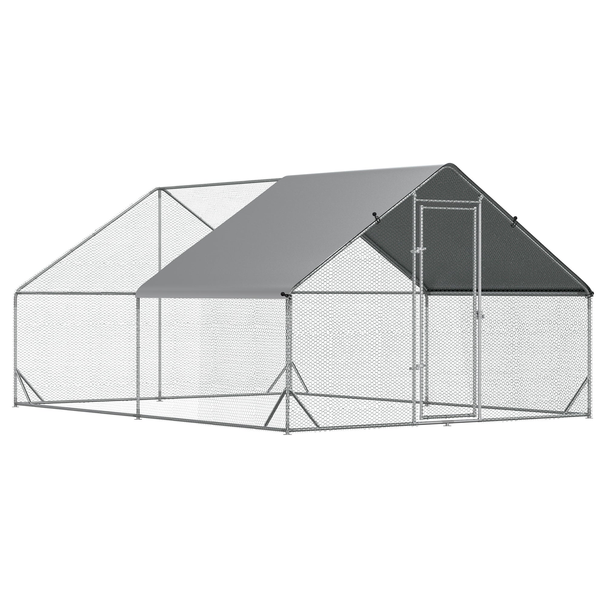 PawHut Large Metal Chicken Coop， Walk-in Poultry Cage Galvanized Hen Playpen House with Cover and Lockable Door for Outdoor， Backyard Farm， 10' x 13' x 6.5'， Silver