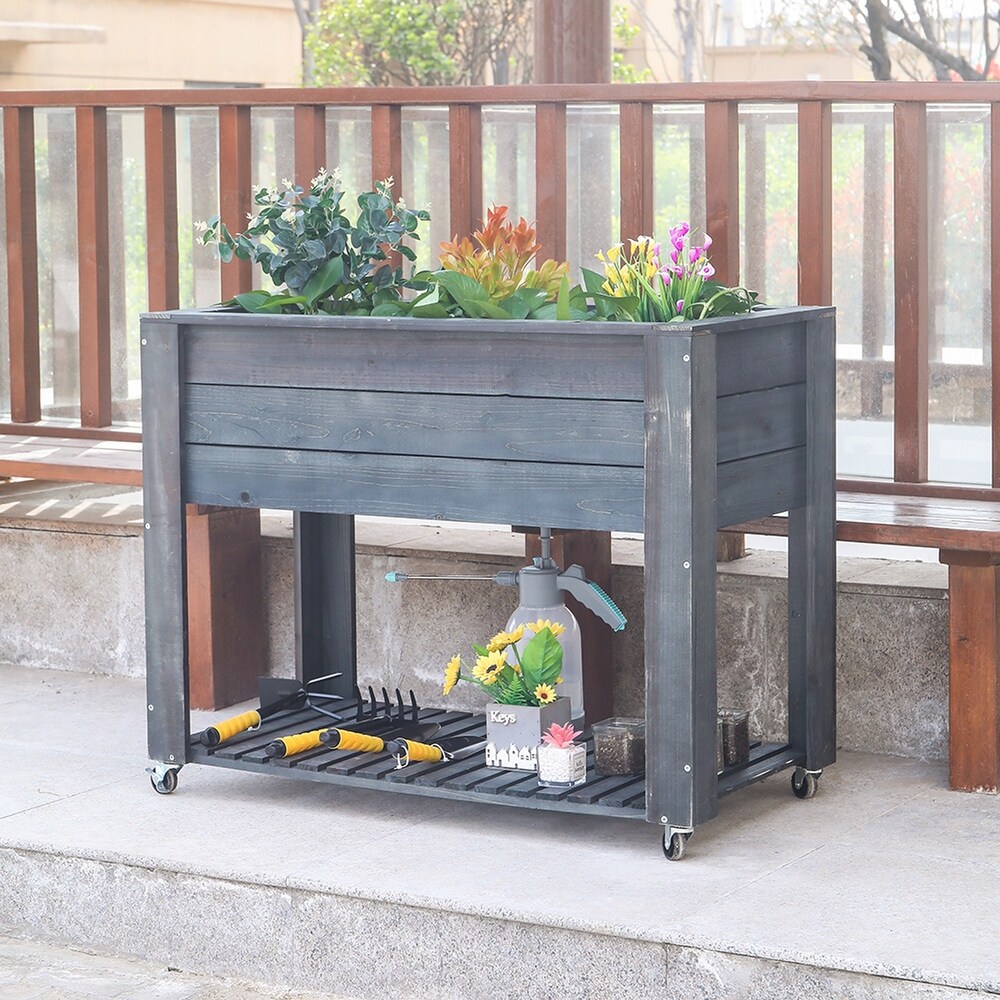 40 in x 32 in x 20 in Grey WoodenElevated Planter with Shelf and Wheel   40x32x20