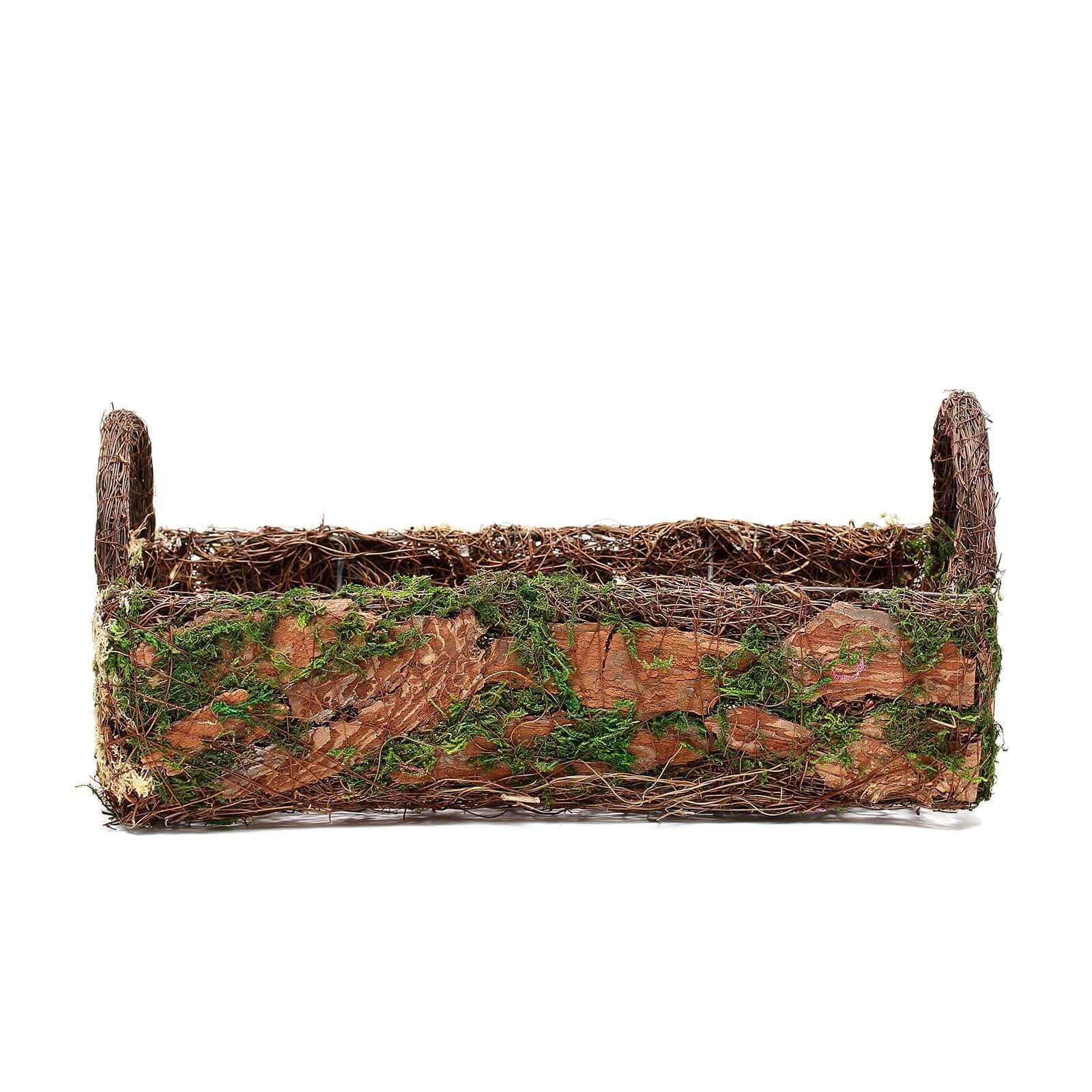 Set of 2 Rustic Log Shaped Preserved Moss Planter Boxes, Flower Baskets With Handle 13