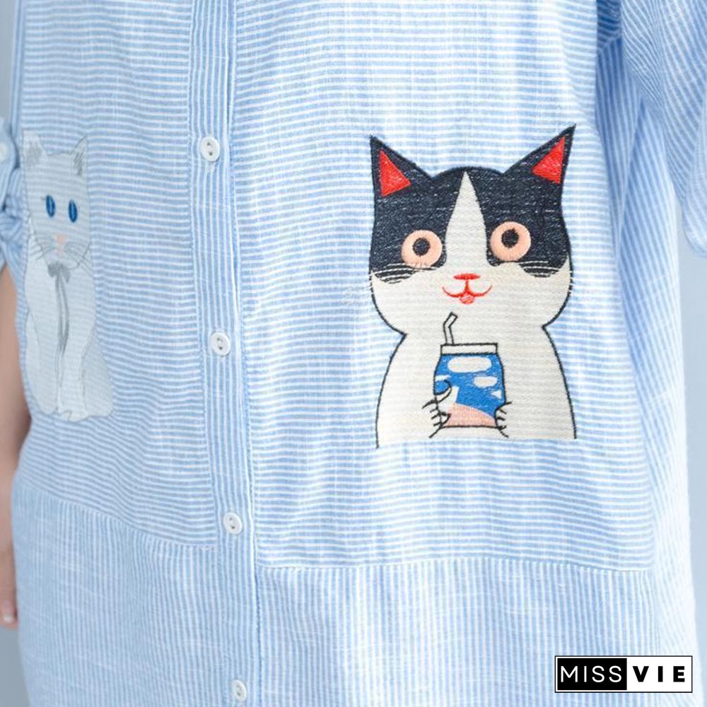 Elegant blue striped cotton knee dress Loose fitting traveling dress fine patchwork cats prints shirt dress