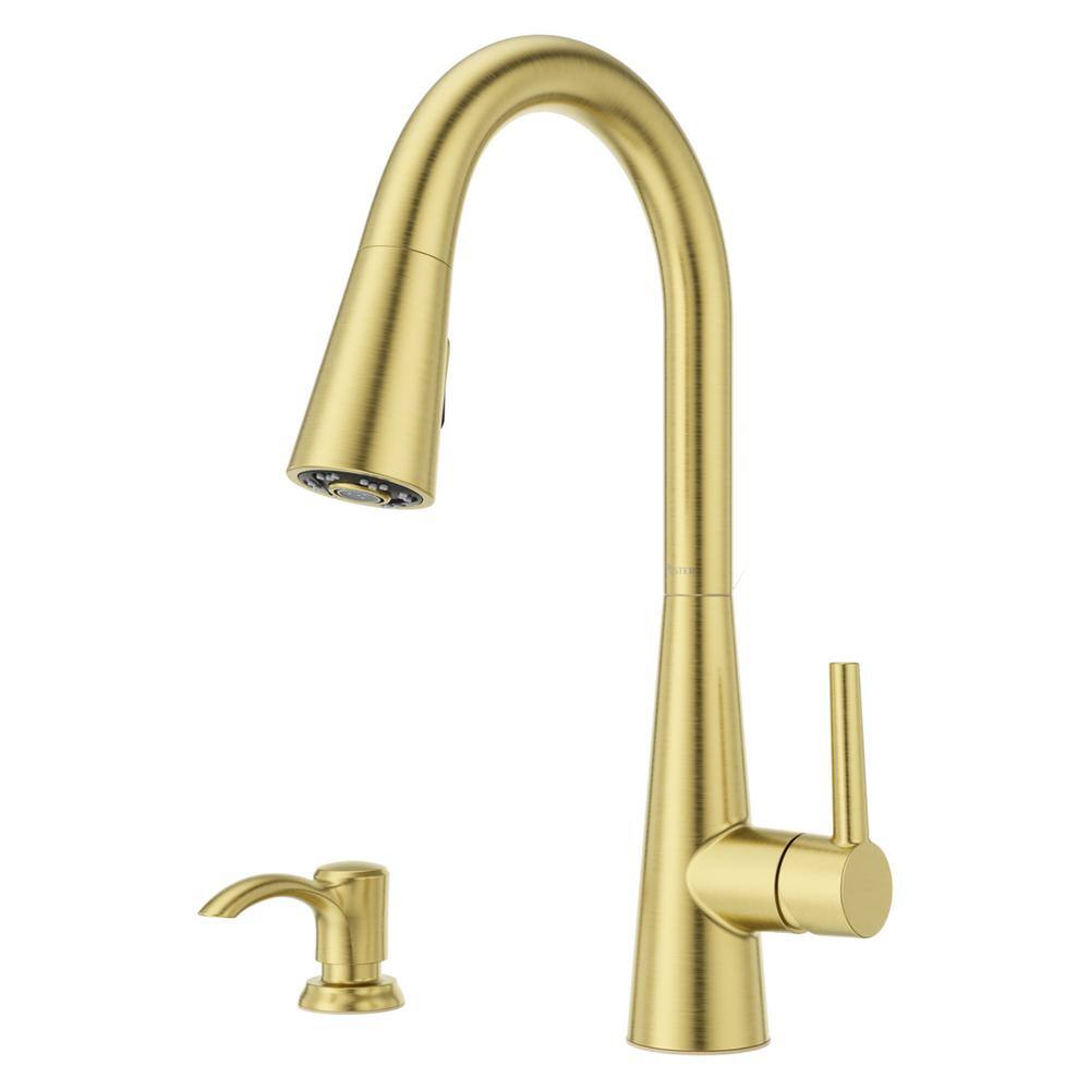 Pfister Barullli Single Handle Pull Down Sprayer Kitchen Faucet with Deckplate Included and Soap Dispenser in Brushed Gold F-529-7BARBG