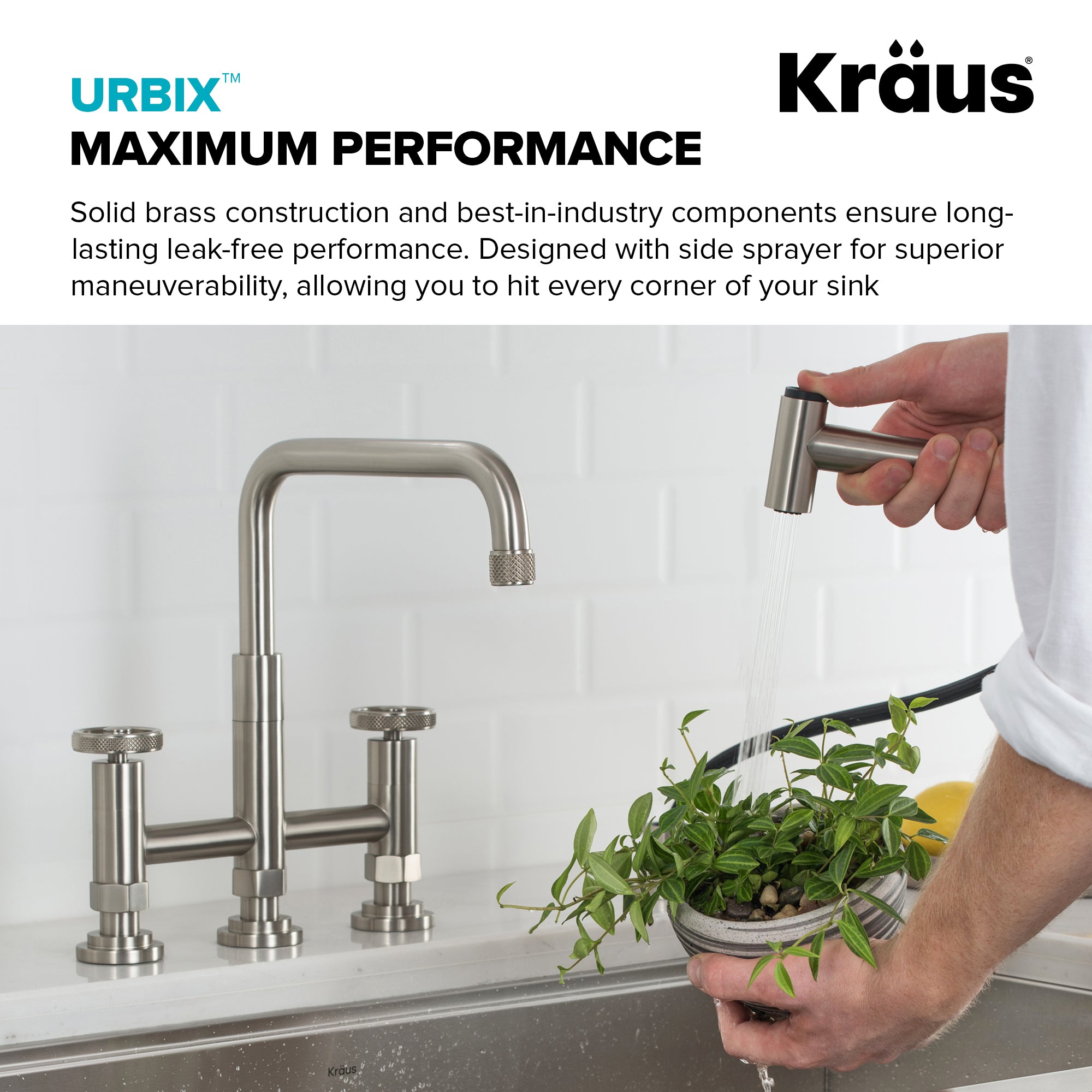 Kraus Urbix™ Industrial Bridge Kitchen Faucet with Side Sprayer in Spot Free Stainless Steel