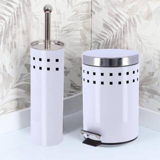 3 l0.8 Gal. Round Perforated Metal Bath Floor Step Trash Can Waste Bin and Stainless Steel Cover and White 6502100