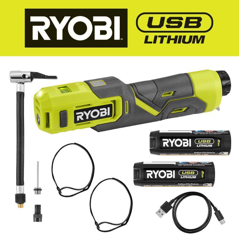 RYOBI USB Lithium Cordless High Pressure Portable Inflator Kit with Extra USB Lithium 2.0 Ah Rechargeable Battery FVIF51K-FVB01