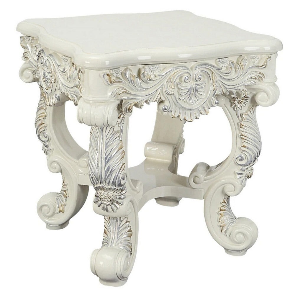 Ataa 28 Inch Square End Table， Ornate Floral Carvings， Claw Feet， White - 28 L x 28 W x 30 H Inches