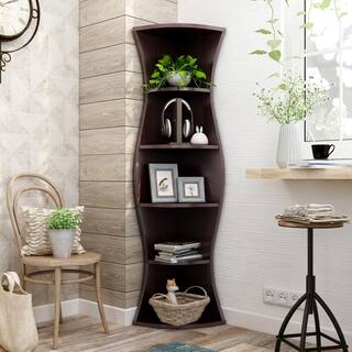 Furniture of America Lenard 70.8 in. Walnut Wood 5-shelf Corner Bookcase with Open Storage HFW-1480C4