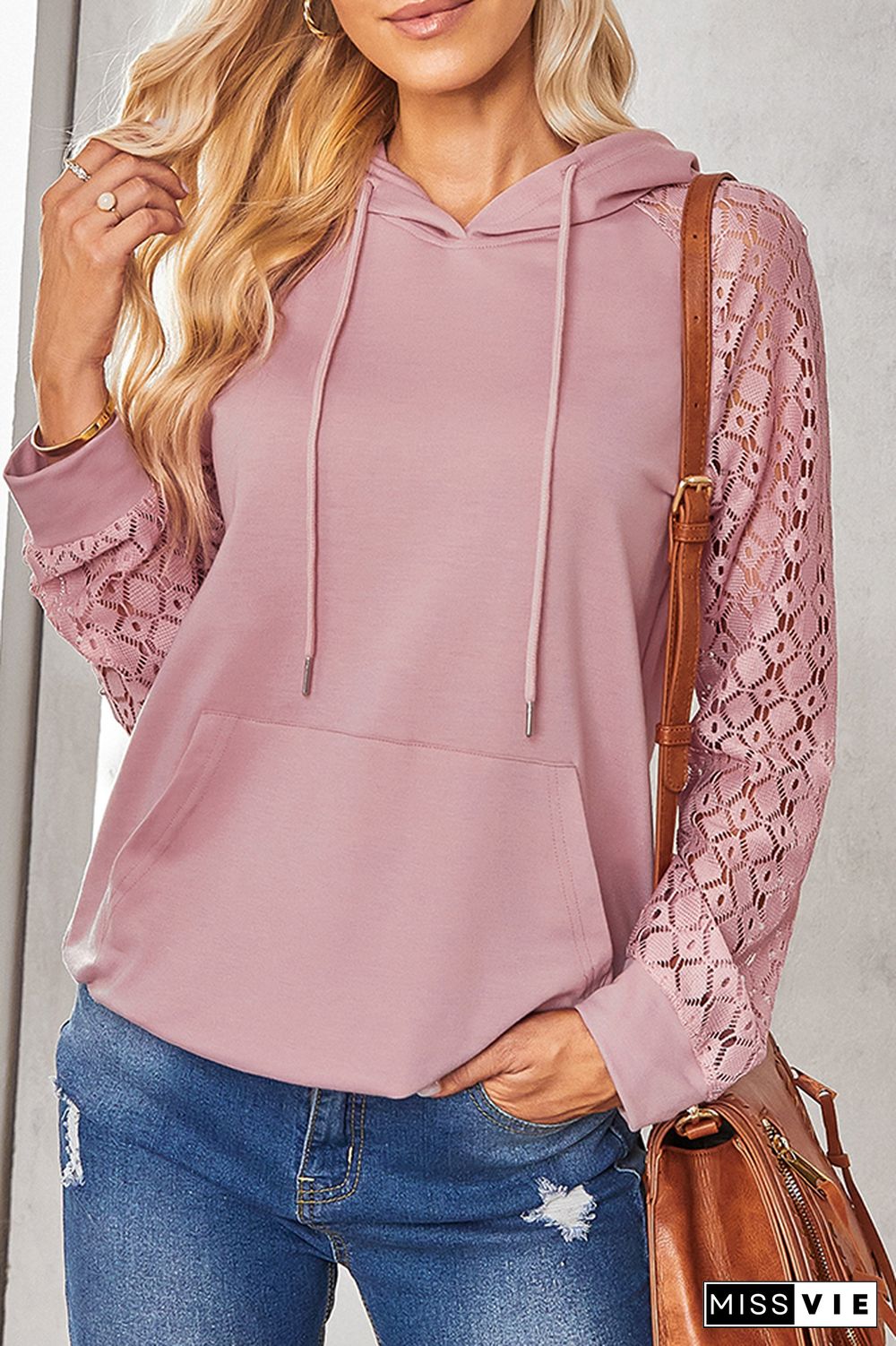 Crochet Lace Sleeves Kangraoo Pocket Drawstring Hoodies