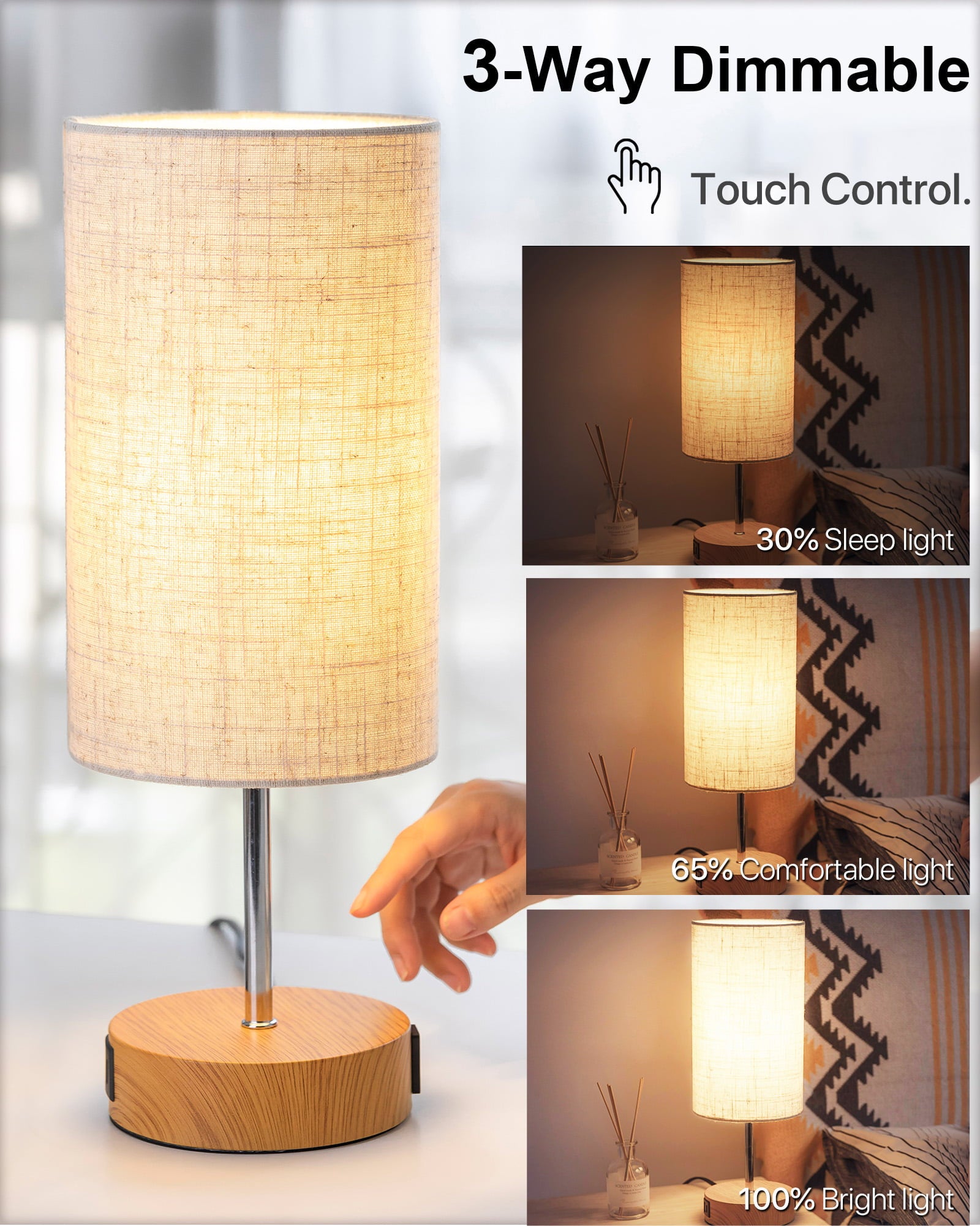 Koncle Bedside Lamp Touch Control Table Lamp with USB A+C Charging Ports & AC Outlet 3-Way Dimmable Nightstand Lamp with Linen Fabric Shade for Bedroom Living Room(E26 Light Bulb Included)