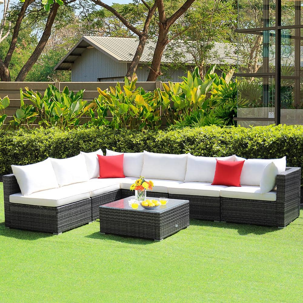 Costway 7-Piece Patio Rattan Furniture Set Sectional Sofa Cushioned Off White HW70439WH+