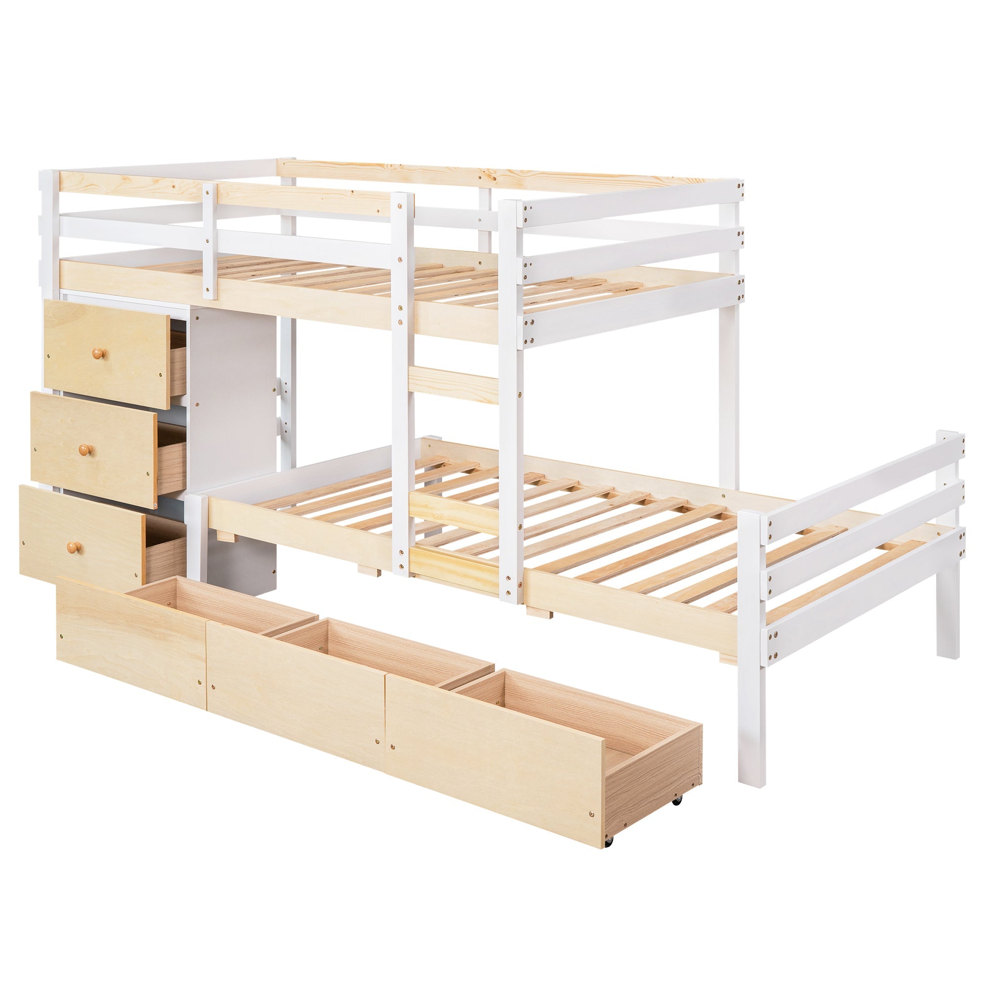 Twin over Twin Bunk Bed with Six Drawers for Kids Room, Natural