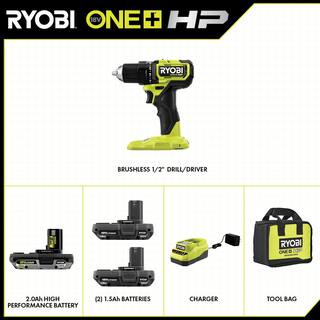 RYOBI ONE+ HP 18V Brushless Cordless Compact DrillDriver Kit w Batteries Charger Bag  2.0 Ah HIGH PERFORMANCE Battery PSBDD01K-PBP003