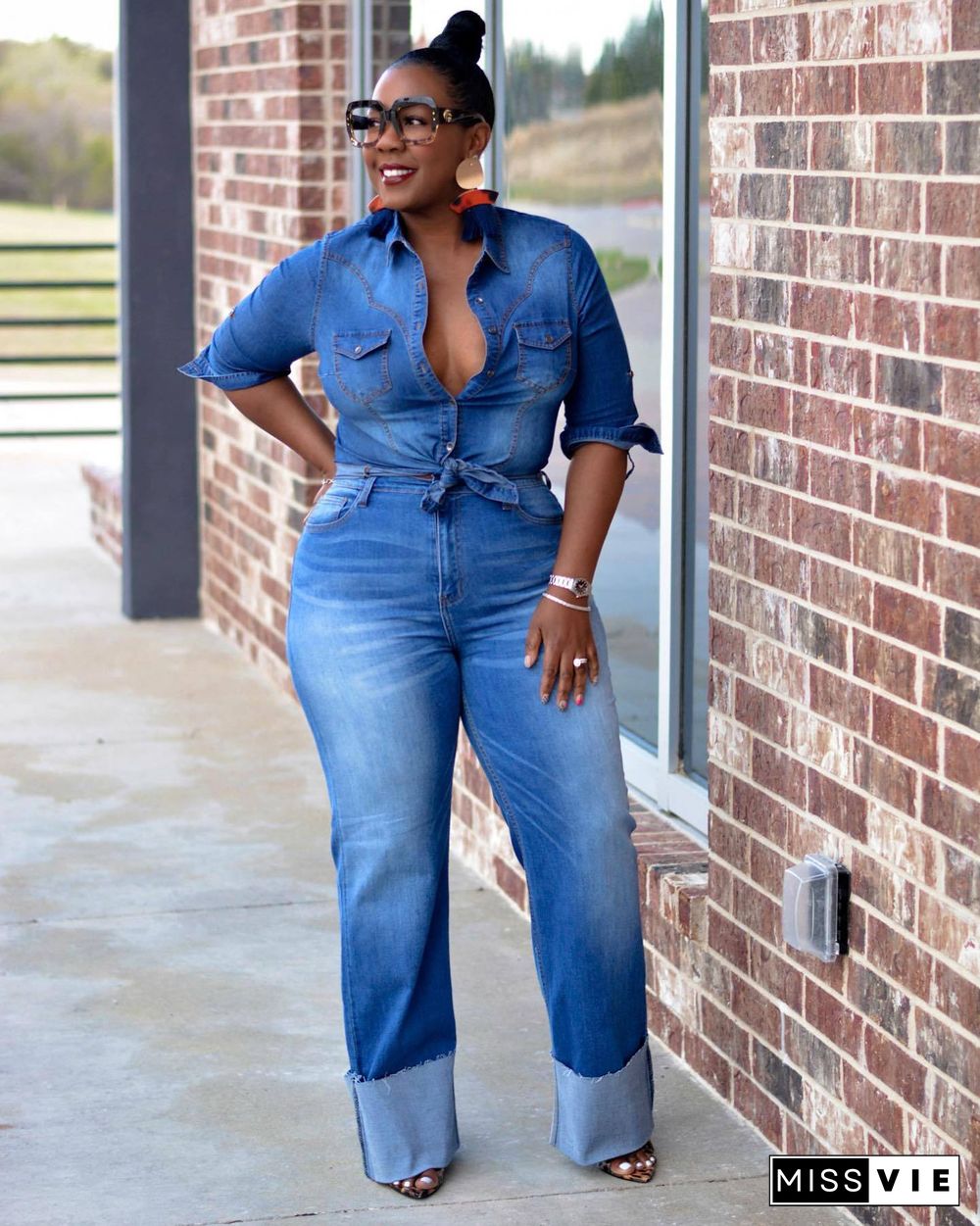 Denim Turn Down Collar Shirt Straight Jeans 2 Piece Set