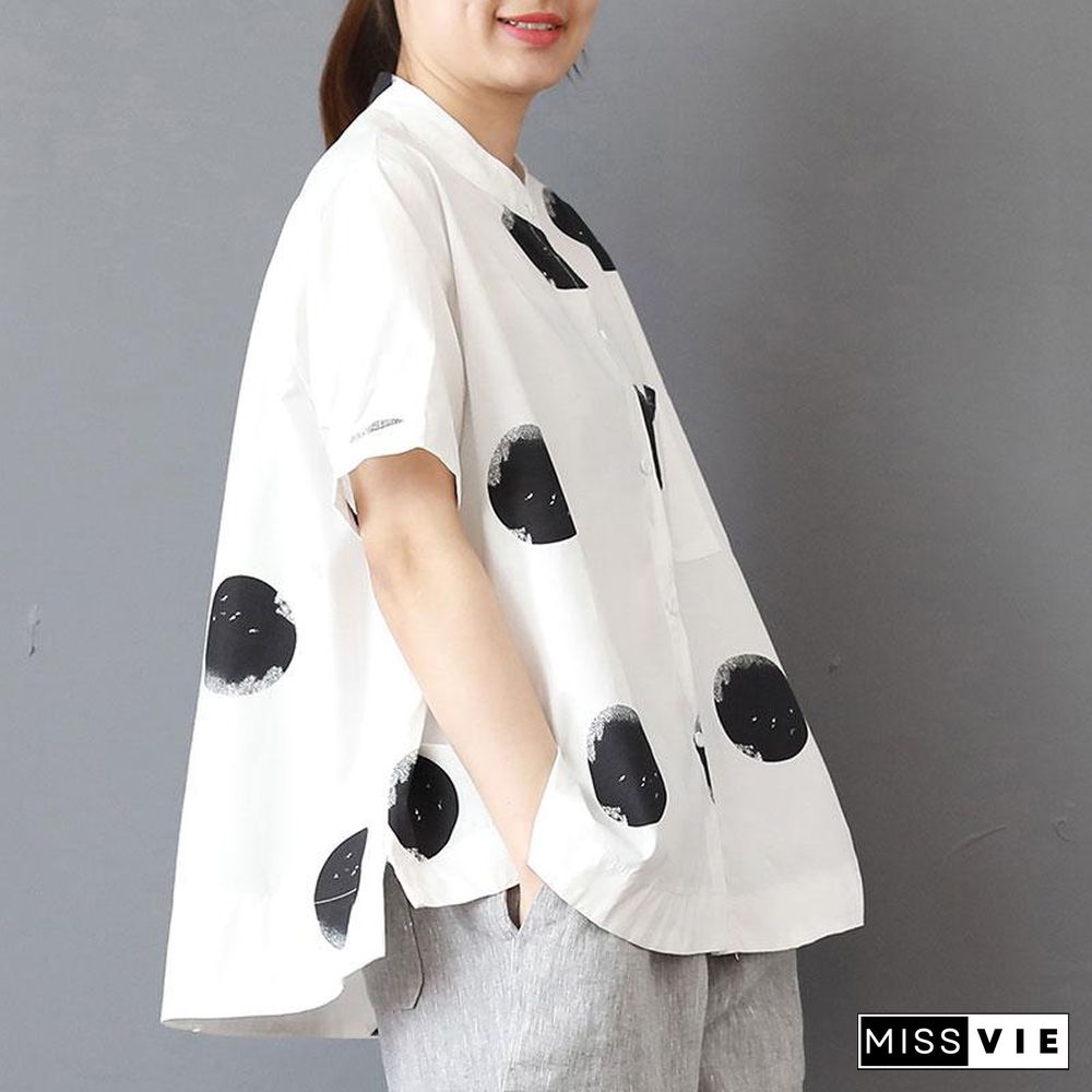 fine cotton summer top oversized Stand Collar Short Sleeve Loose Cotton White Shirt