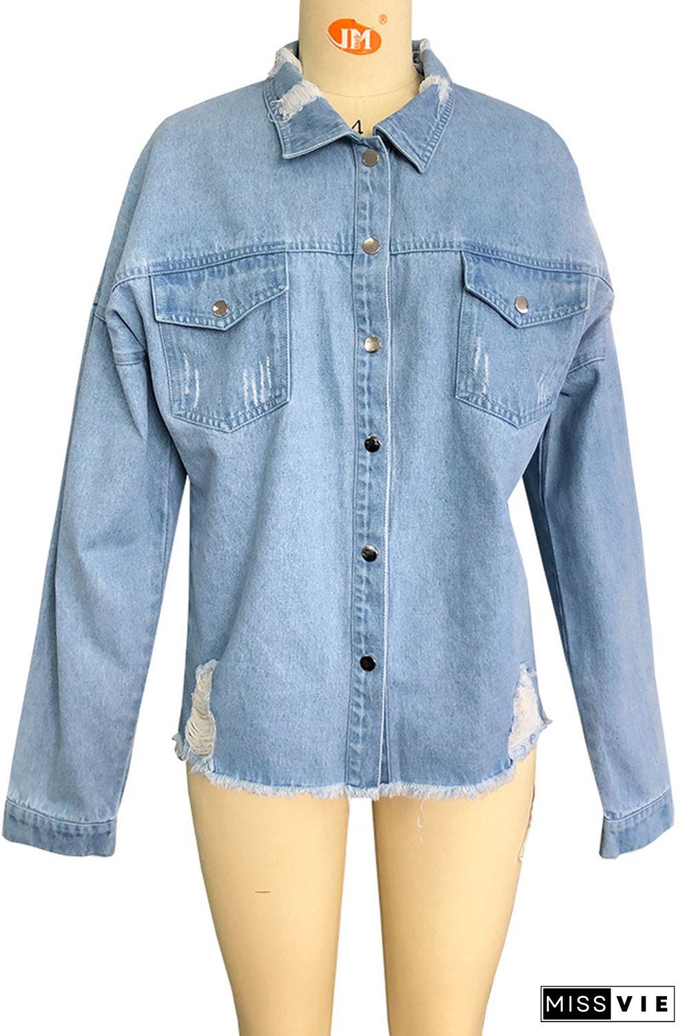 Raw Hem Ripped Denim Jacket Shacket Wholesale