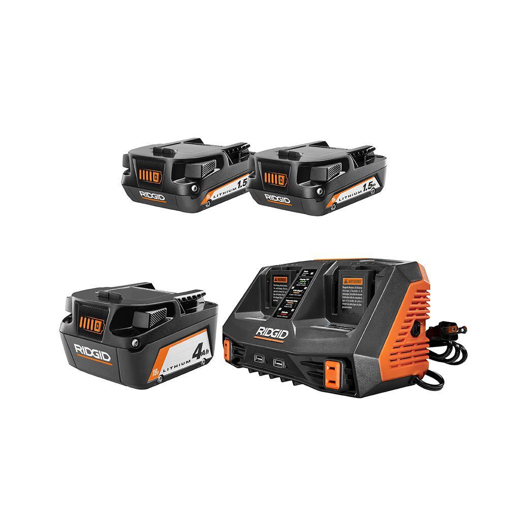 RIDGID 18V Lithium-Ion Battery and Charger Kit with (1) 4.0 Ah Battery and (2) 1.5 Ah Batteries AC8494214SBN