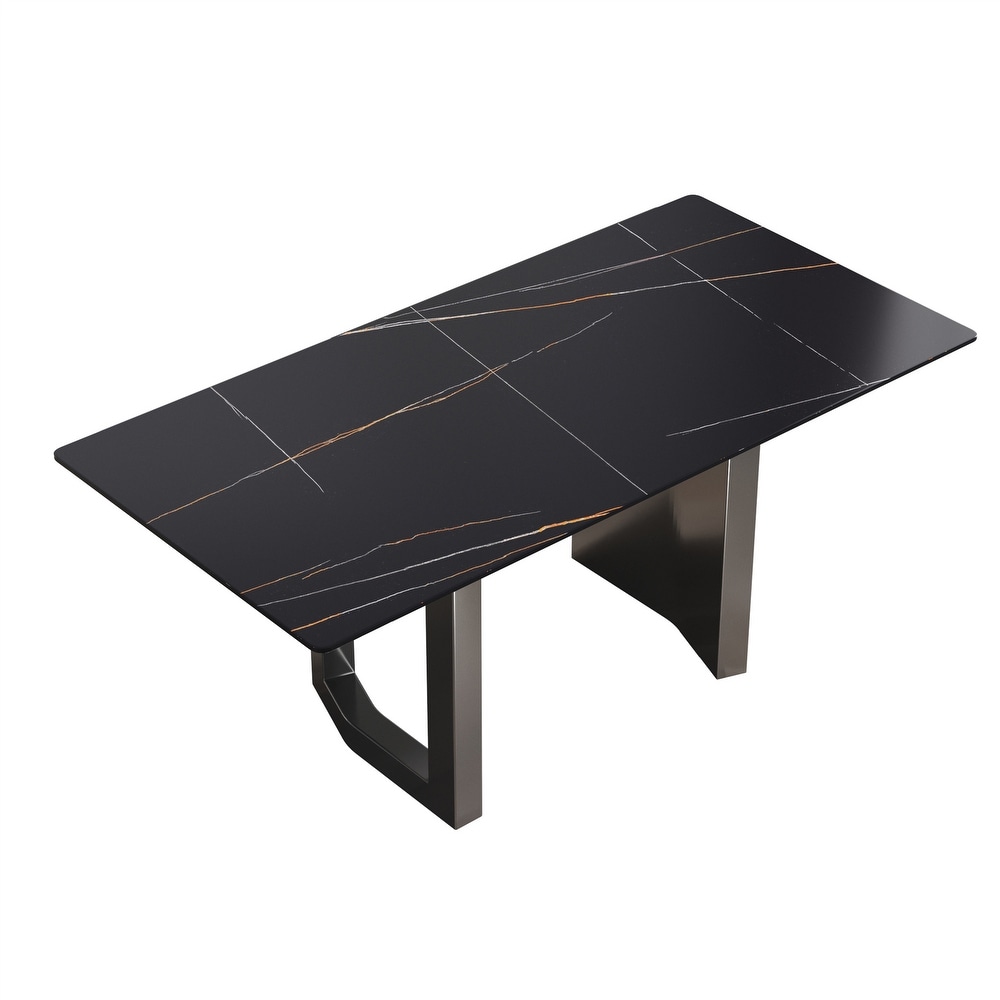 Artificial Stone Black Straight Edge Black Metal Leg Dining Table