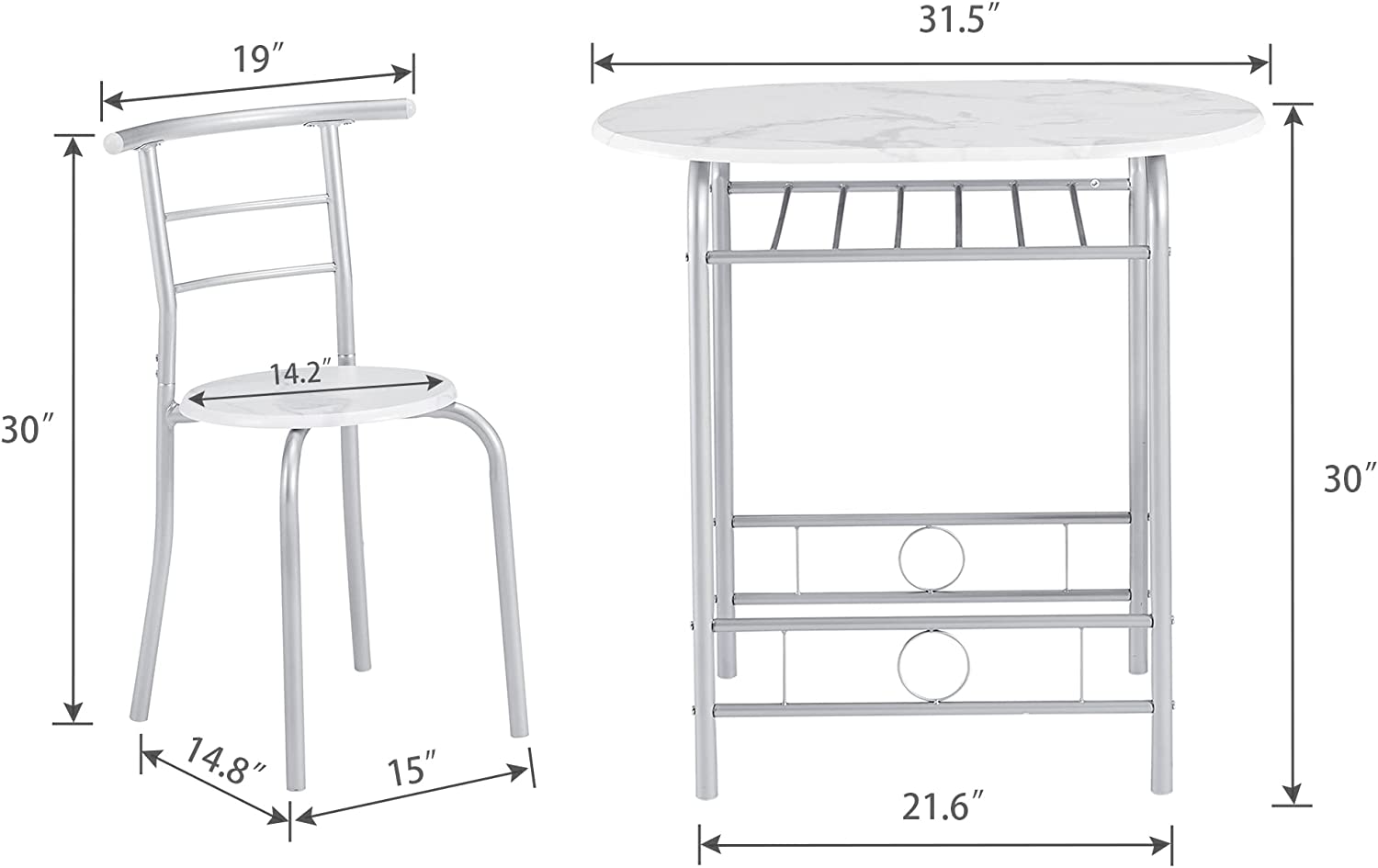 VECELO 3 Piece Small Round Dining Table Set for Kitchen Breakfast Nook， Wood Grain Tabletop with Wine Storage Rack， Save Space， 31.5， White and Silver