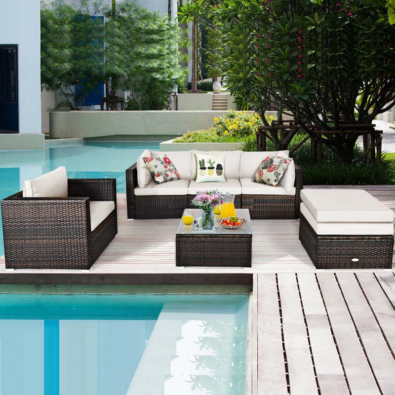 6 Pcs Patio Rattan Sectional Furniture Set Outdoor Conversation Sofa Set with Cushions