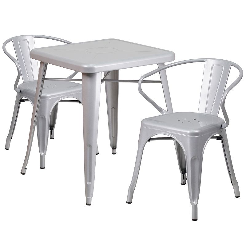 Emma and Oliver Commercial 23.75 Square Silver Metal Indoor-Outdoor Table Set-2 Arm Chairs