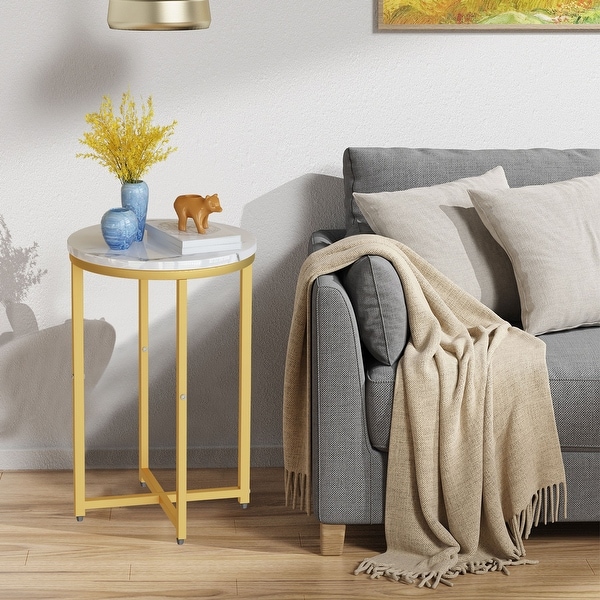 Set of 2 Round End Side Table with Faux Marble Top and Metal Frame