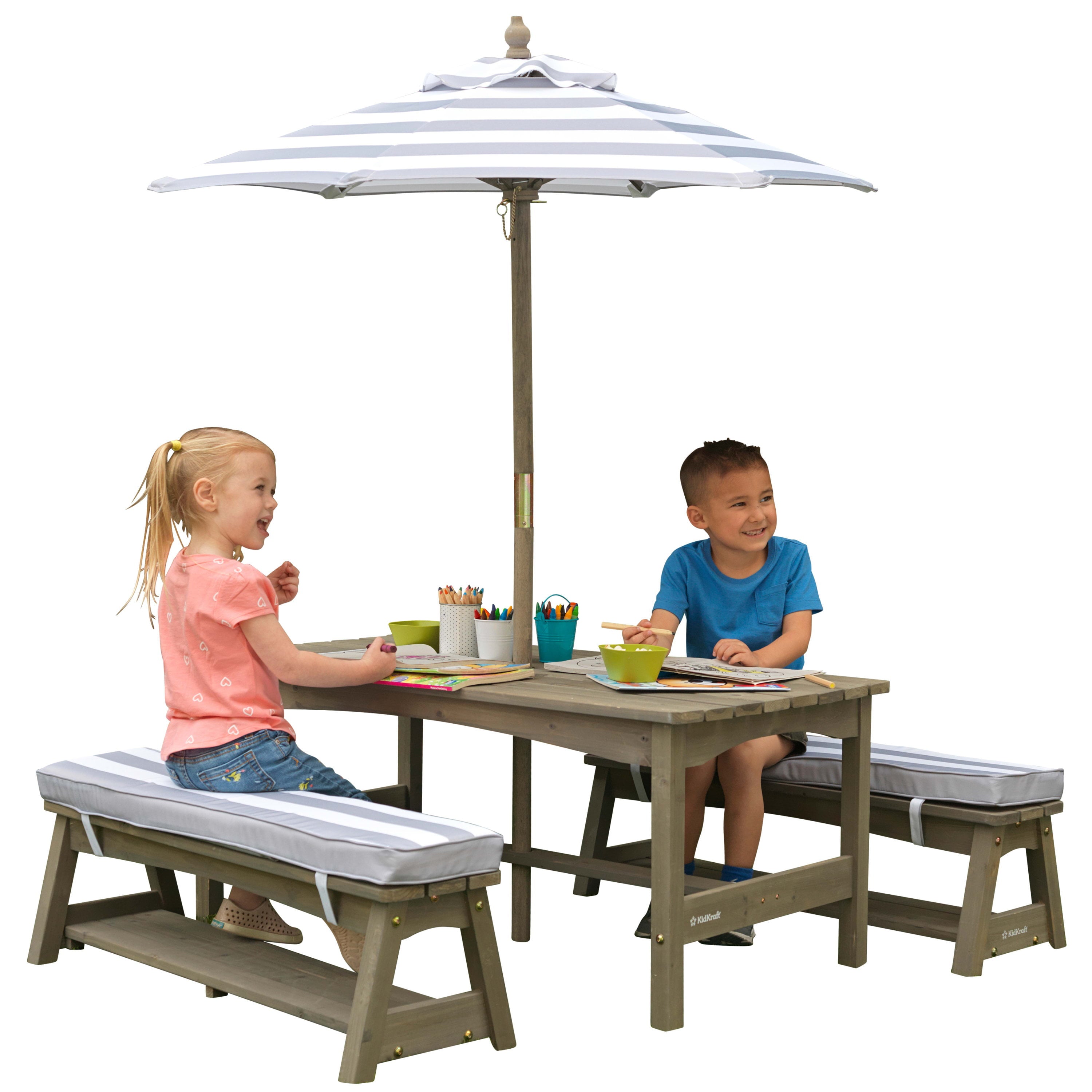 KidKraft Outdoor Table & Bench Set with Cushions and Umbrella, Gray and White Stripes