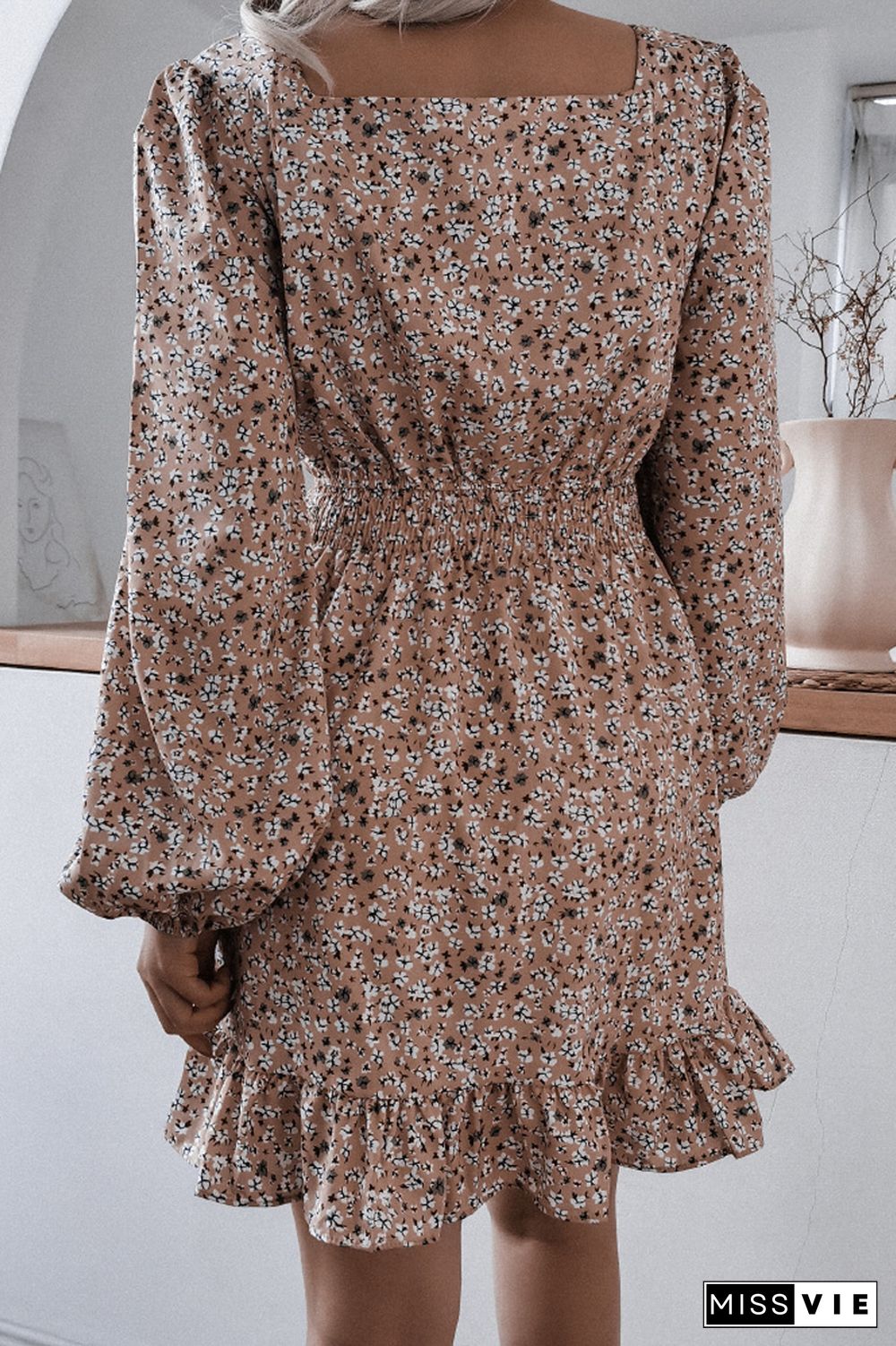 Floral Chiffon Ruffle Lantern Sleeve Dress