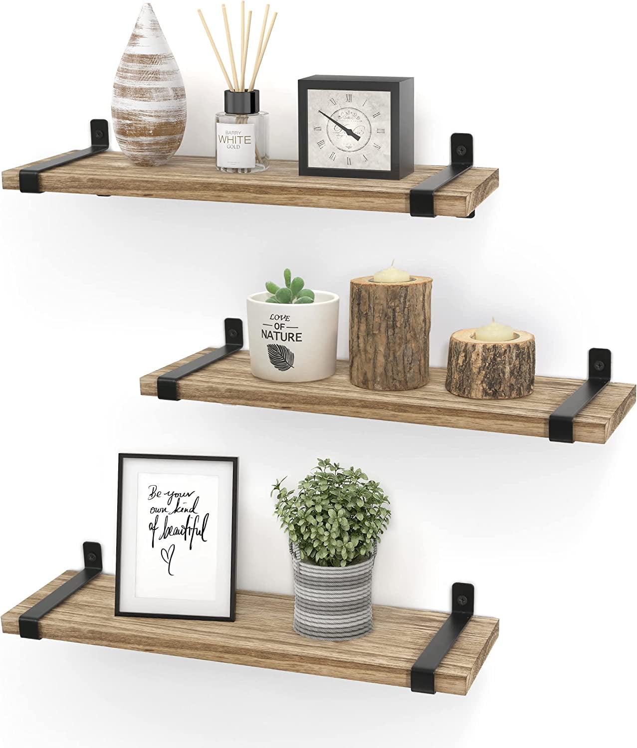 Afuly Rustic Wood Floating Shelves Wall Mounted Set of 3, Decorative Storage Brown Wall Shelf with Metal Brackets