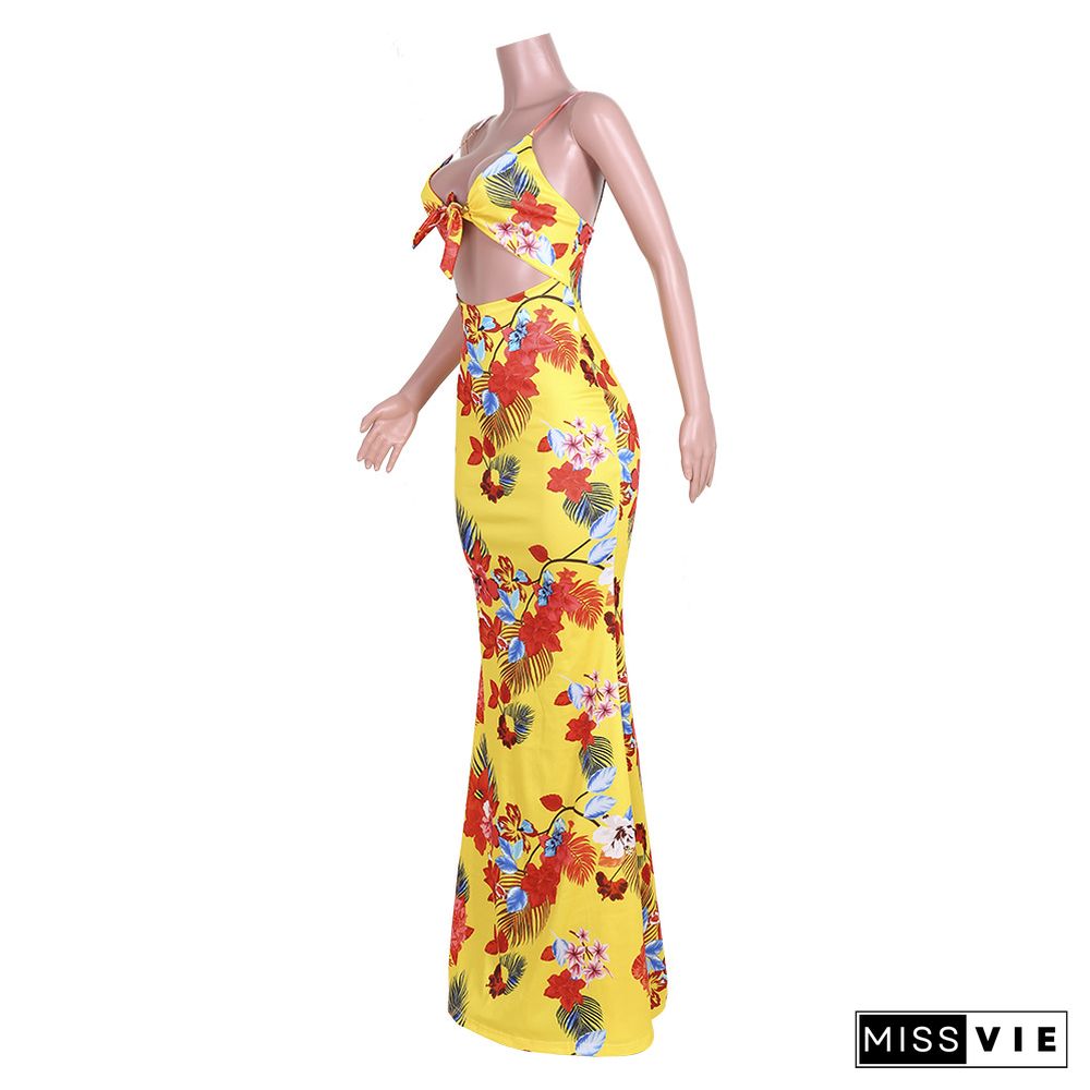 Beach Boho Floral Print Cut Out Backless Maxi Dresses