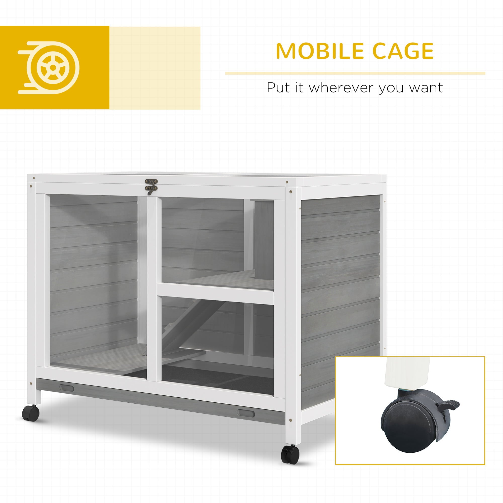 PawHut Indoor Rabbit Hutch with Wheels， Desk and Side Table Sized， Wood Rabbit Cage， Waterproof Small Rabbit Cage， Gray