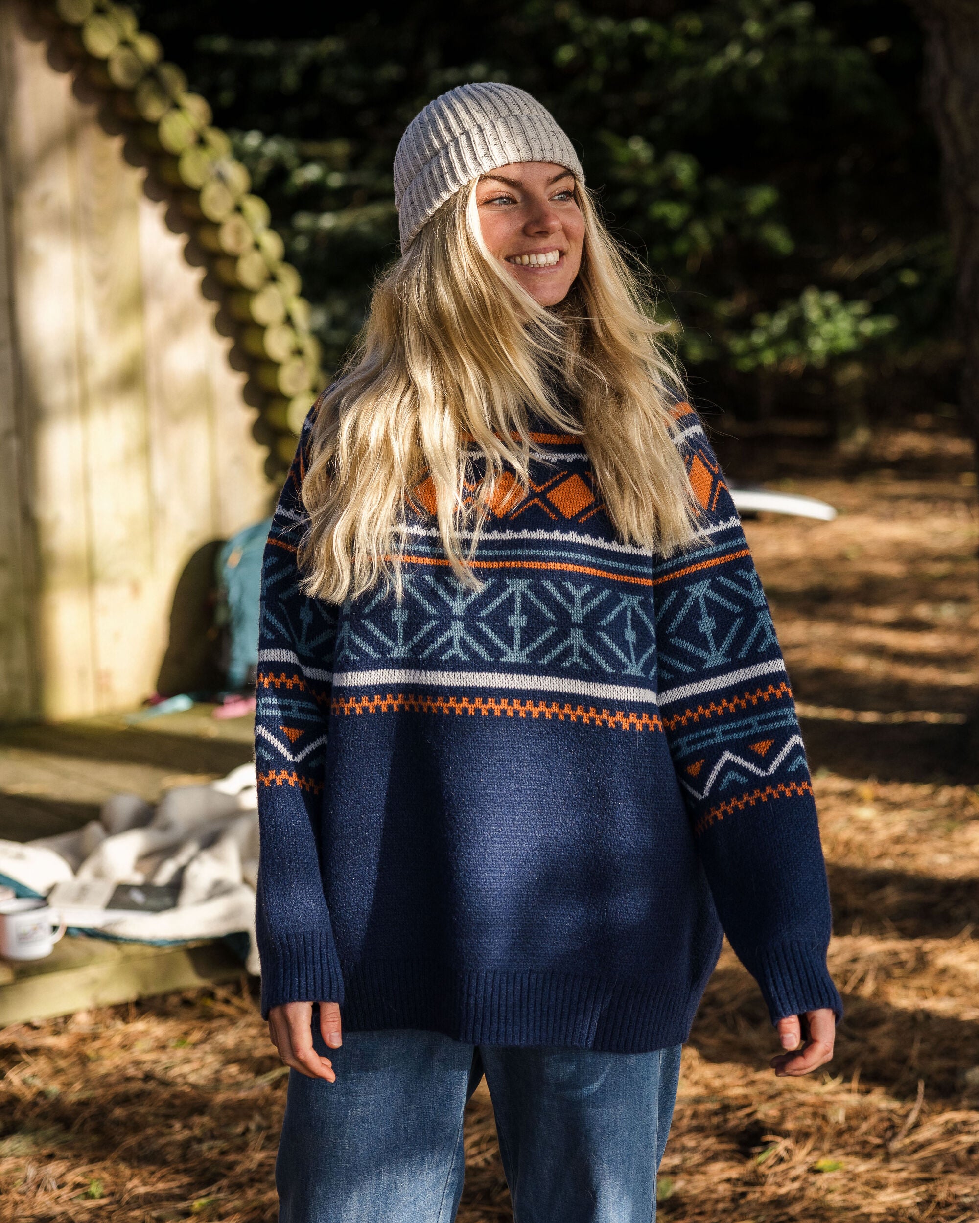 Whimsical Recycled Oversized Polo Neck Knitted Jumper - Homespun Stripe Navy