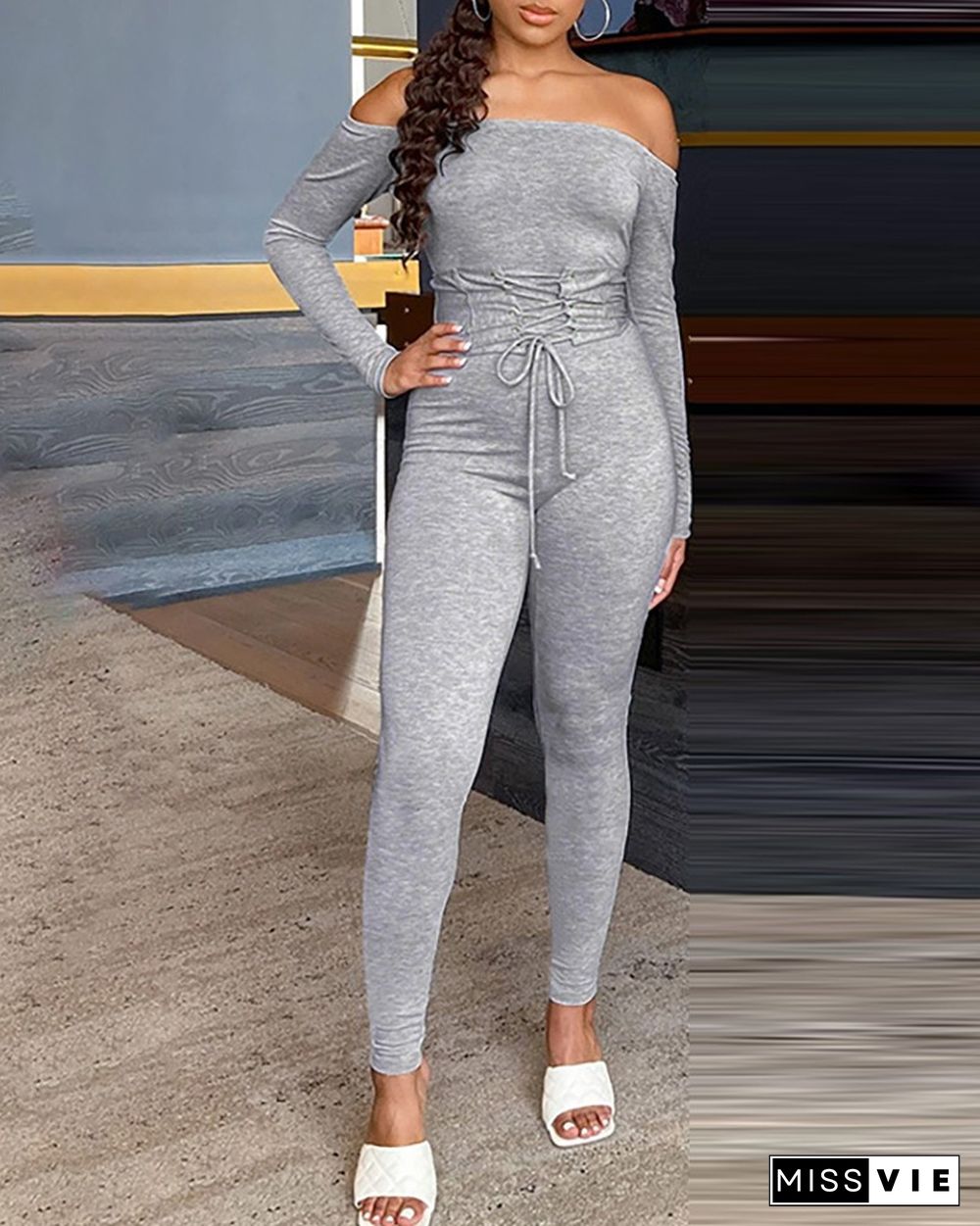 Long Sleeve Off Shoulder Eyelet Lace-up Jumpsuit