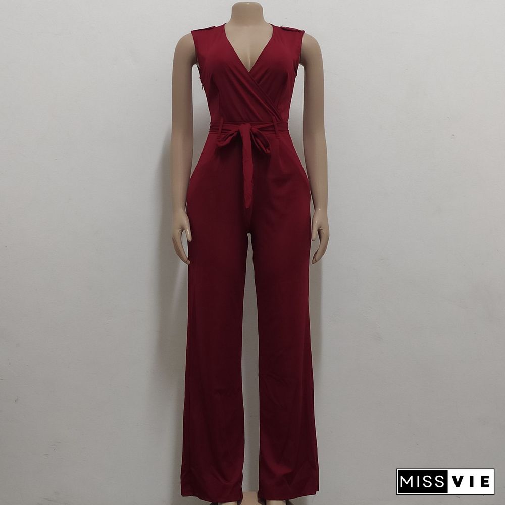 V Neck with Sashes Elegant Straight Leg Jumpsuits