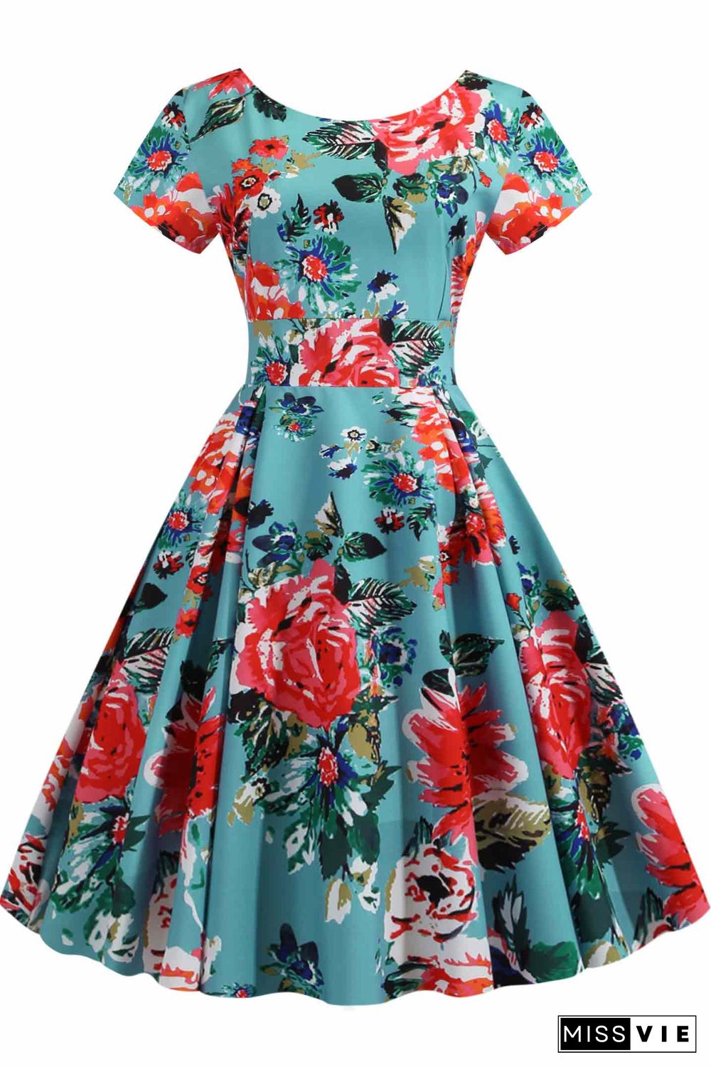 Retro Floral Print Scoop A-line Dress