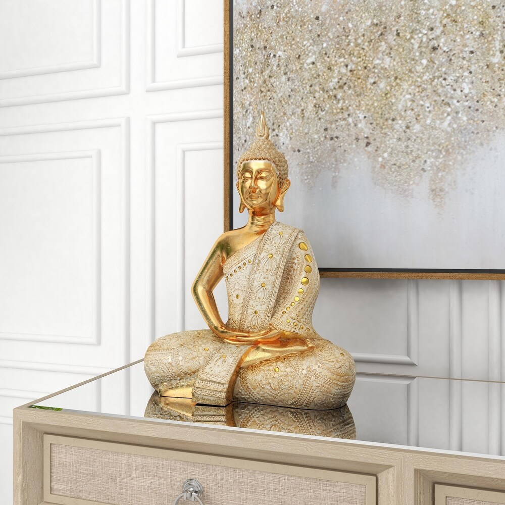 Gold Polystone Meditating Carved Buddha Sculpture with Intricate Carvings and Mirrored Embellishments   14 x 9 x 20