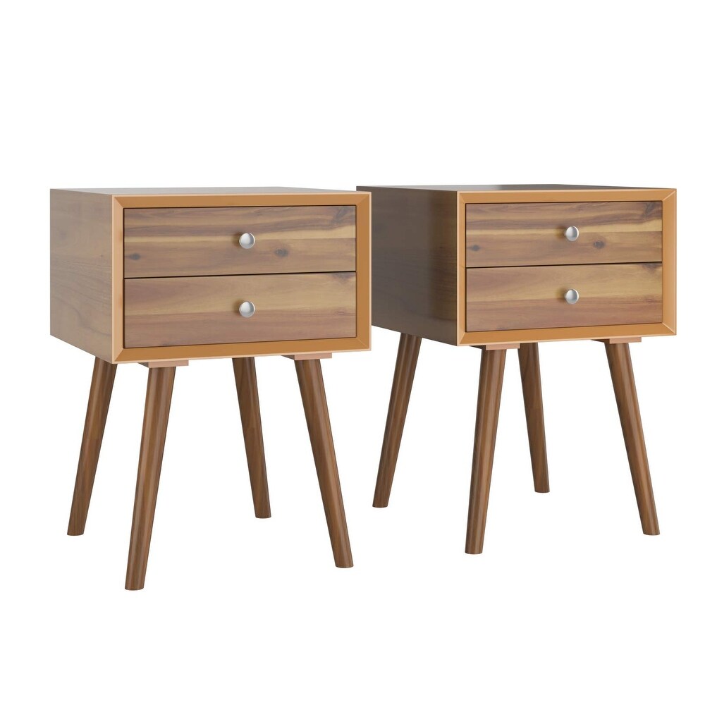 Mid Century Modern Nightstand Set of 2  Wooden Bedside Tables w/ 2 Storage Drawers   Soild Wood Legs