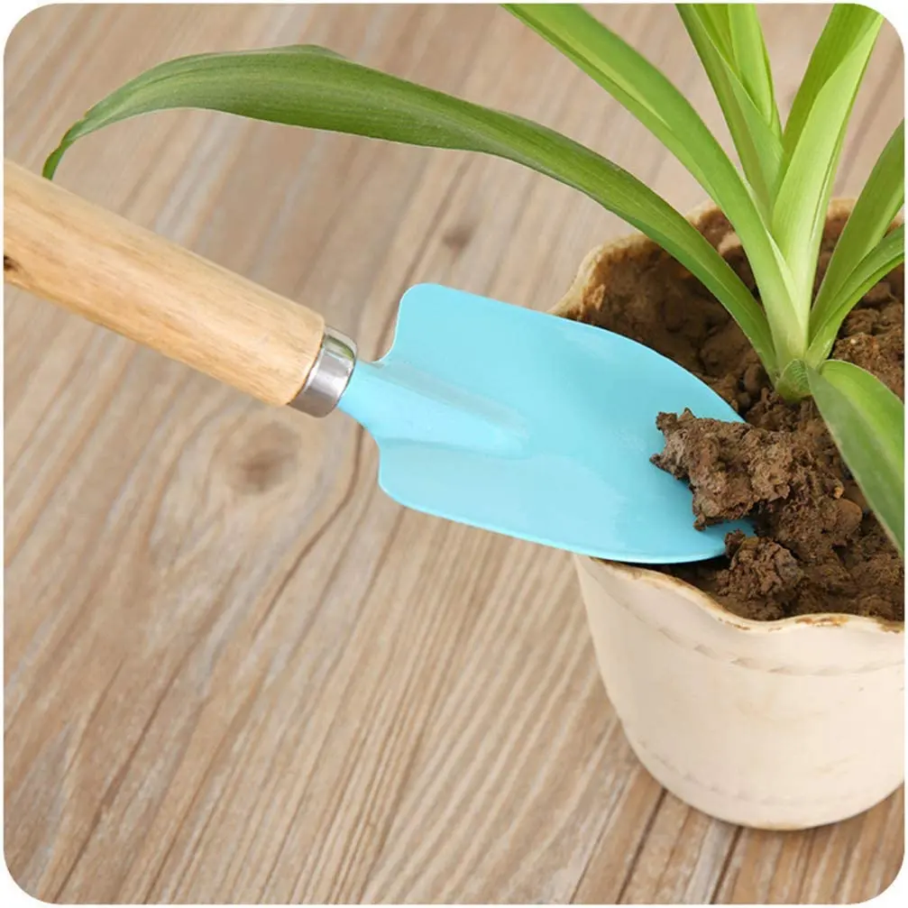 3 Piece Set Mini kids Garden Tool Spatula Rake Seedling Machine for Outdoor Potted Flowers Iron Wood