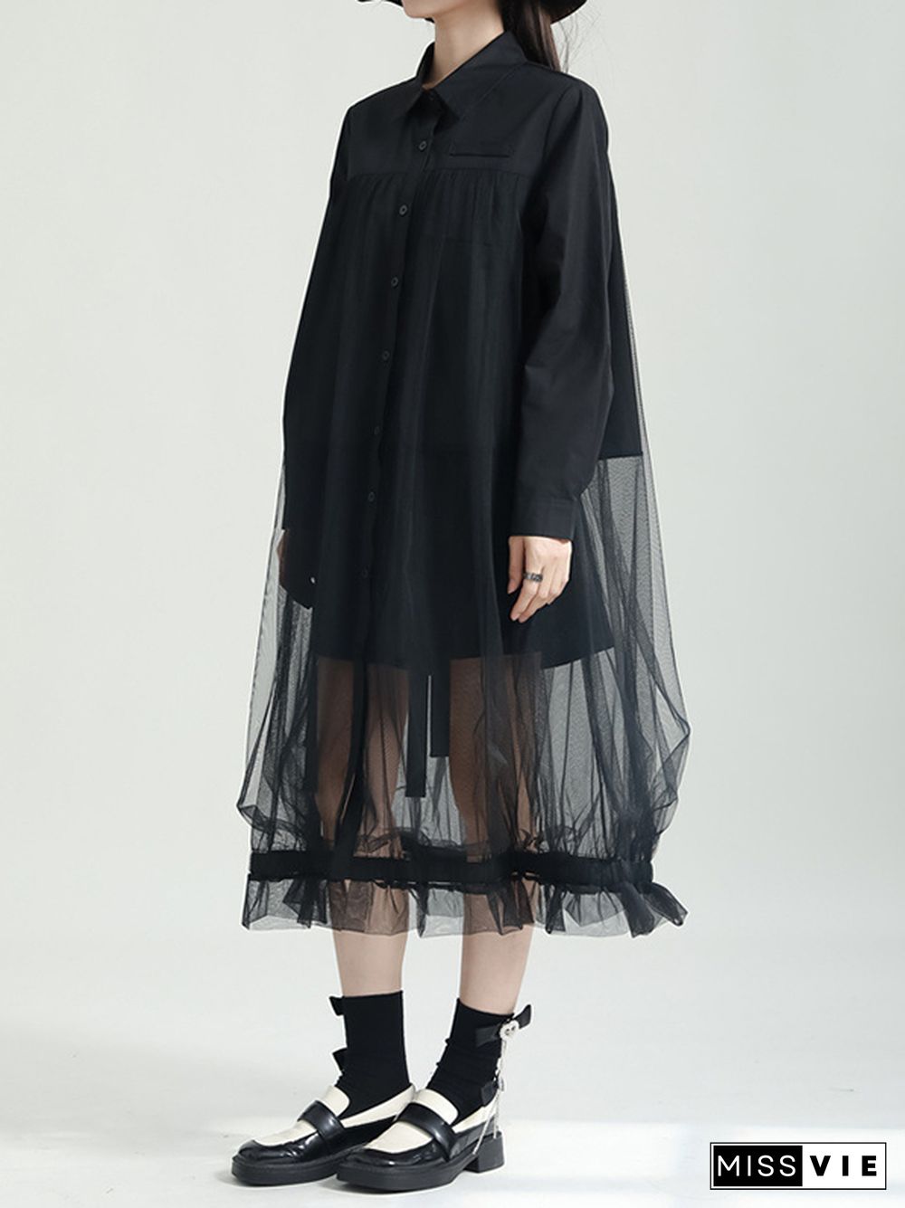 Long Sleeves Gauze See-Through Split-Joint Lapel Midi Dresses Shirt Dress