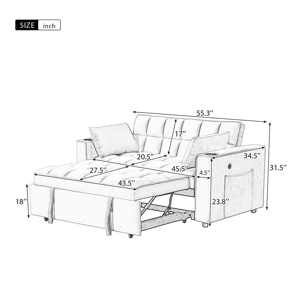 Velvet Upholstered Sofa Bed Convertible Sleeper Sofa with Cup Holder and USB Port   Perfect for Living Rooms and Apartments