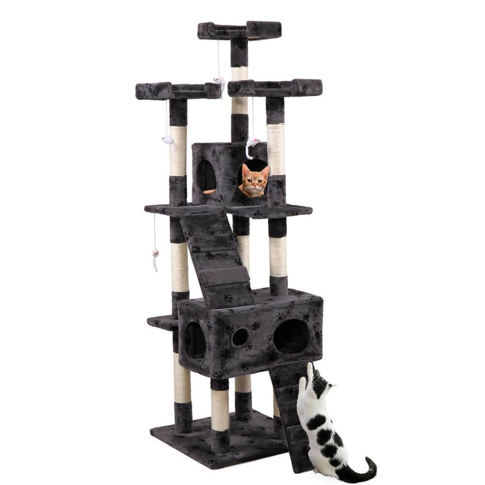 COZIWOW 67 in. Grey with Paw Print Cat Tree Tower Kitten Condo House CW12X0053