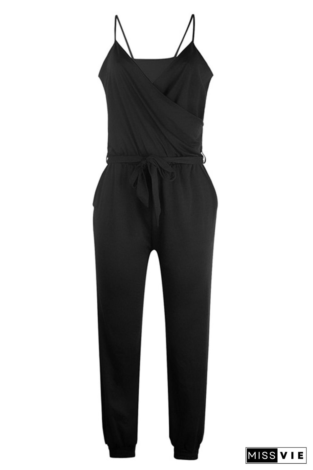 Black Solid Color Slip Jumpsuit With Belt