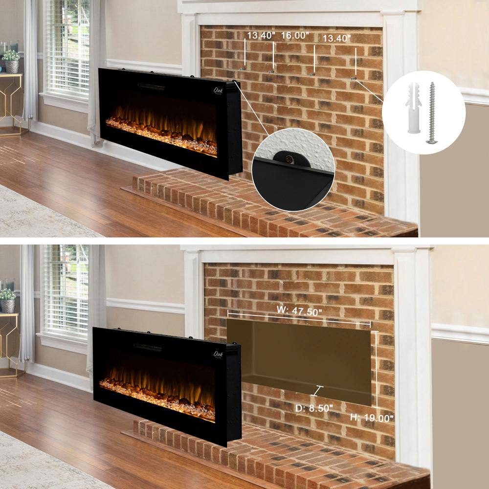 Glitzhome 50 in. L Black Recessed Wall Mounted Electric Fireplace with 9 Color Flames Faux Log and Crystal Decorated 2019200003