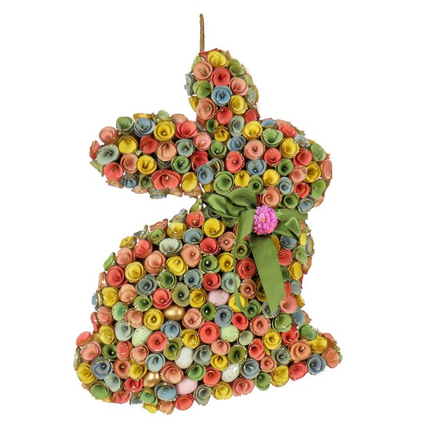 National Tree Company Artificial Hanging Bunny Silhouette Decorated With Colorful Flower Blooms Ribbon Easter Collection 18 Inches