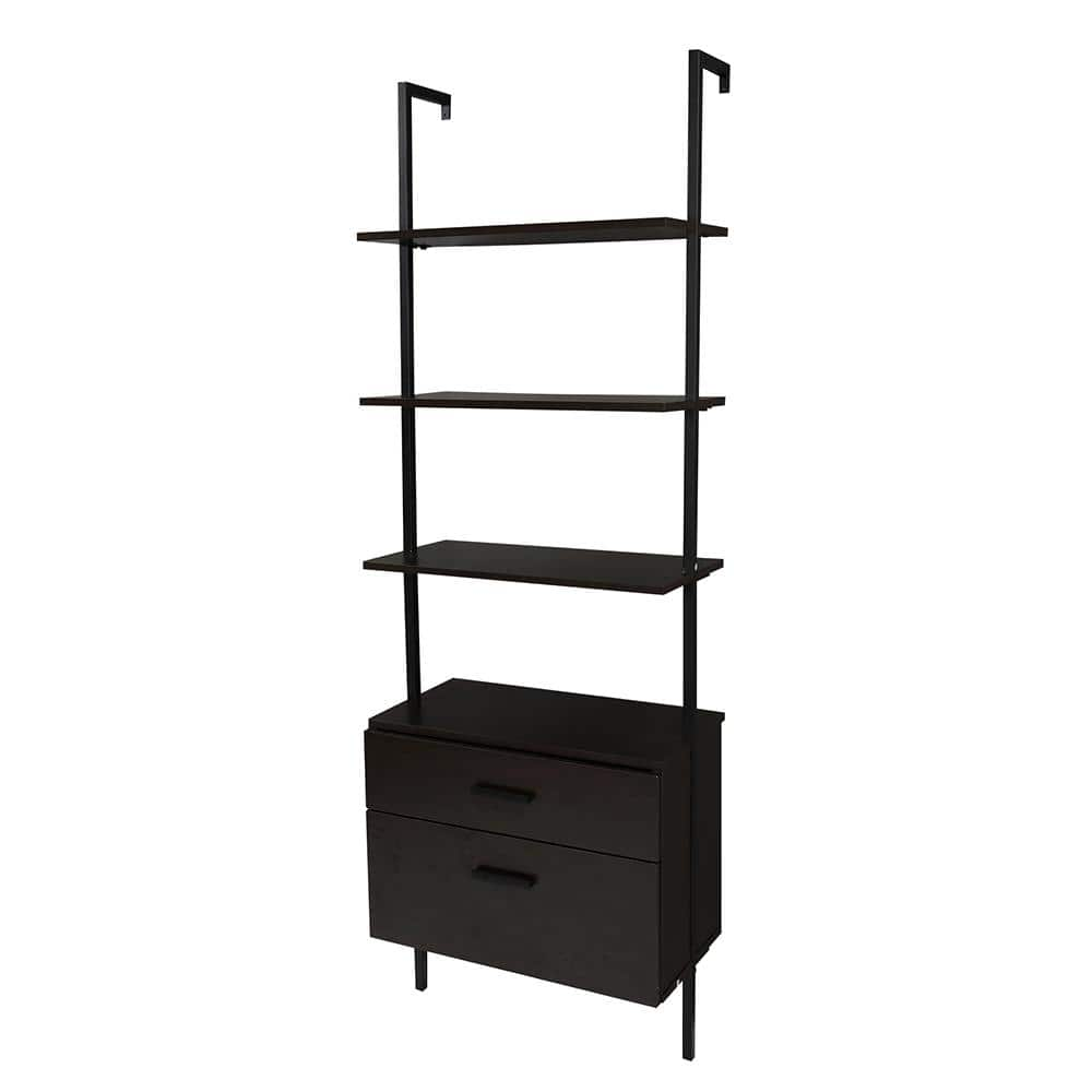 Outopee Industrial 72 in. Black MDF 5-Shelf Standard Bookcase with Wood Drawers 302992574119