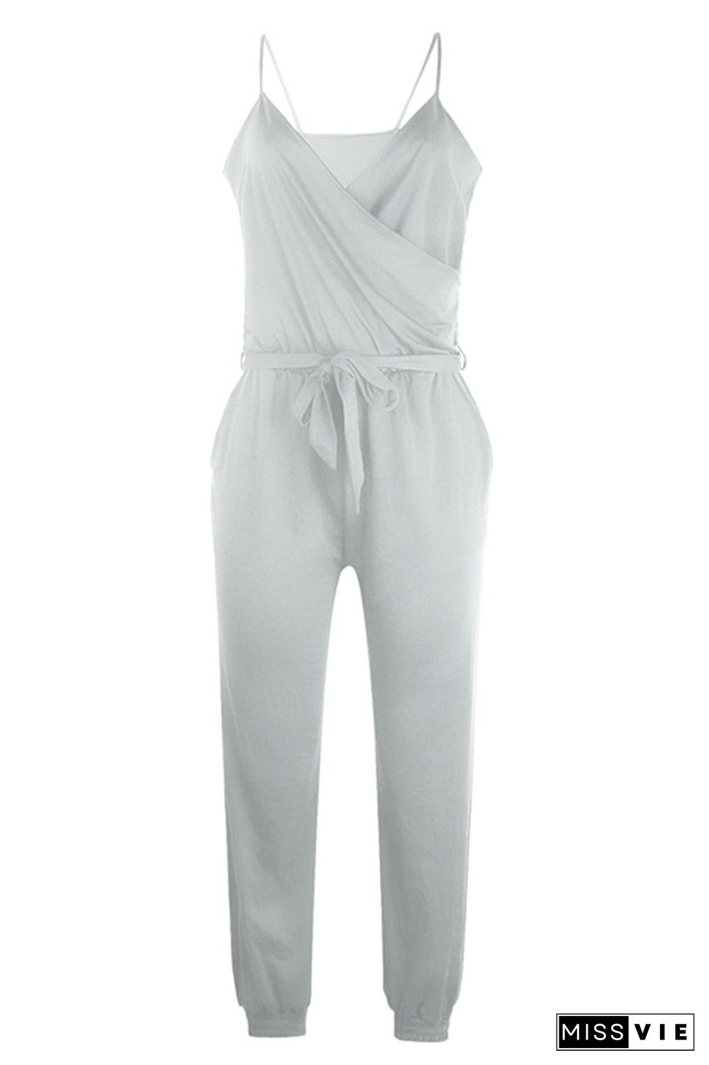 Gray Solid Color Slip Jumpsuit With Belt