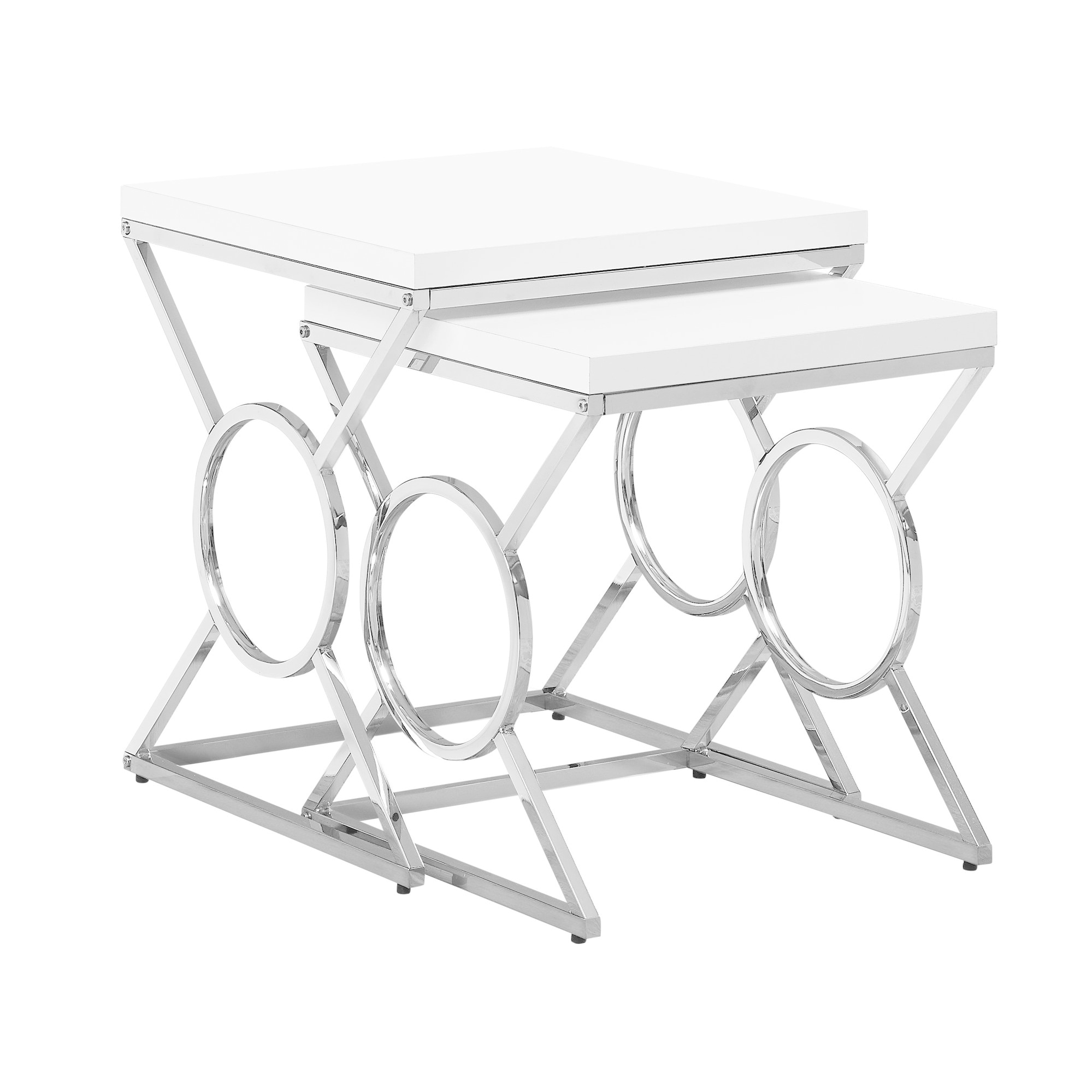 Nesting Table， Set of 2， Side， End， Accent， Living Room， Bedroom， Metal， Laminate， Glossy Chrome， Contemporary， Modern