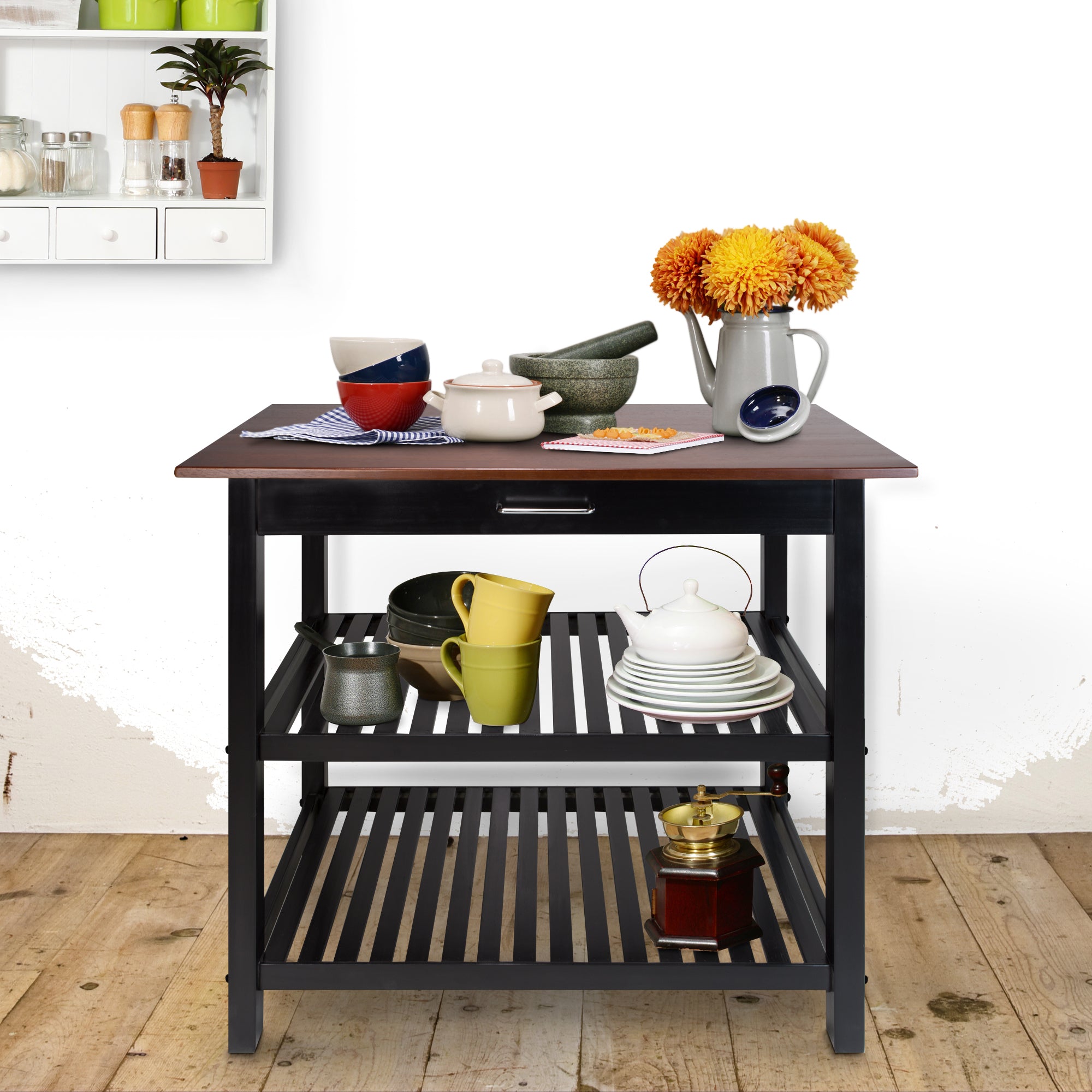 Casual Home Hardwood Kitchen Island with Drawer & Shelves, Walnut (For Parts)