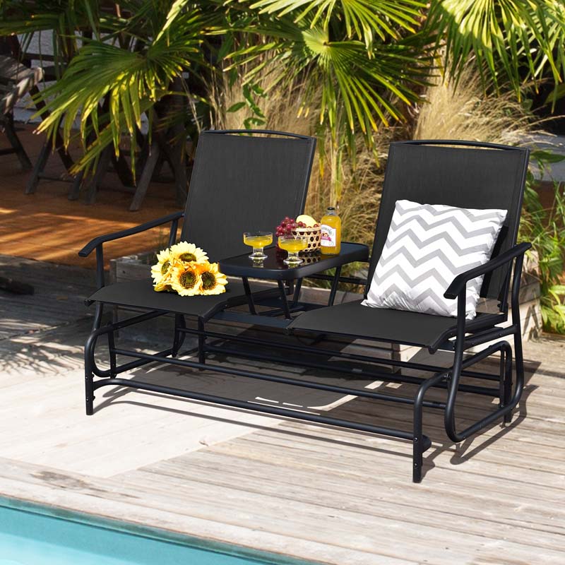 2-Person Outdoor Bench Glider Chair with Center Table, Mesh Fabric Rocking Loveseat for Patio